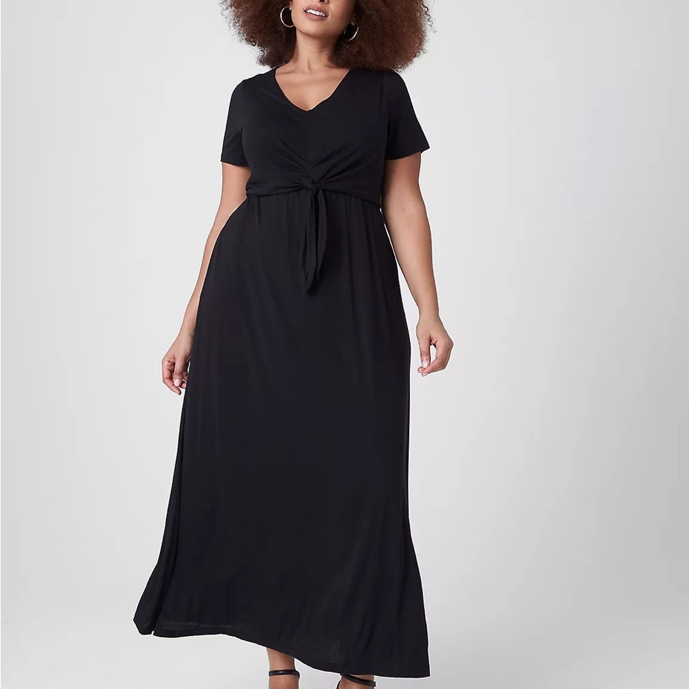 LANE BRYANT BLACK V-Neck Waist-Knot Jersey Maxi Dress 14/16 NWT